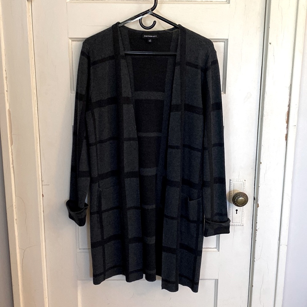 Fortune + Ivy grey and black plaid open cardigan